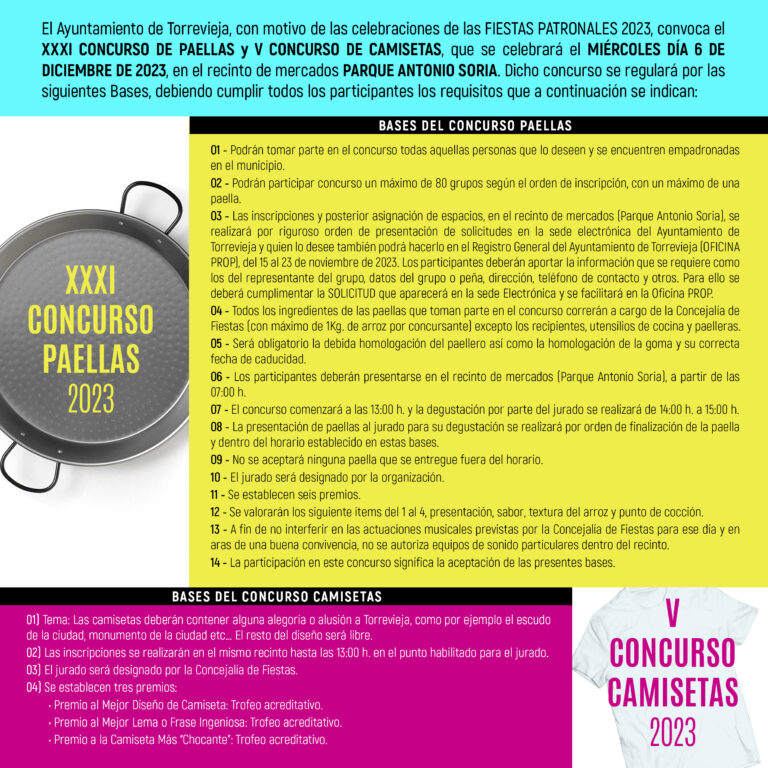 DEL 15 AL 23 DE NOVIEMBRE SE MANTENDRÁ ABIERTO EL PLAZO DE INSCRIPCIÓN PARA PARTICIPAR EN EL XXXI CONCURSO DE PAELLAS FIESTAS PATRONALES