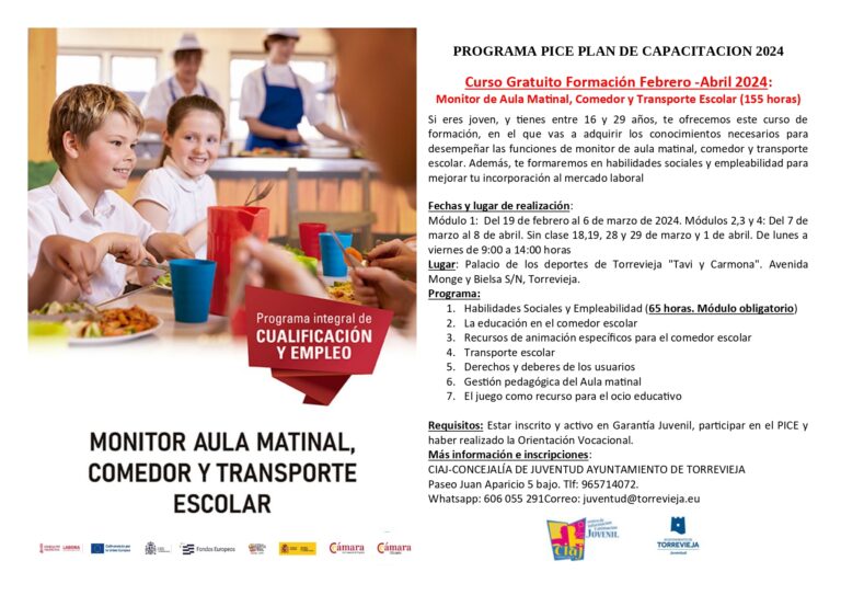 JUVENTUD ABRE EL PLAZO DE INSCRIPCIÓN DEL CURSO DE MONITOR DE AULA MATINAL, COMEDOR Y TRANSPORTE ESCOLAR