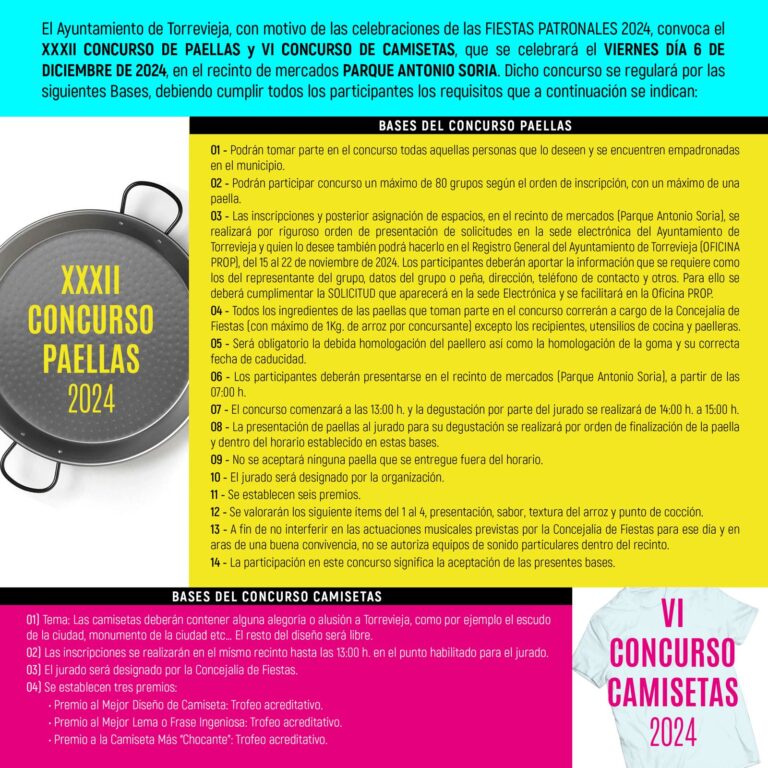 DEL 15 AL 22 DE NOVIEMBRE SE MANTENDRÁ ABIERTO EL PLAZO DE INSCRIPCIÓN PARA PARTICIPAR EN EL XXXII CONCURSO DE PAELLAS “FIESTAS PATRONALES”