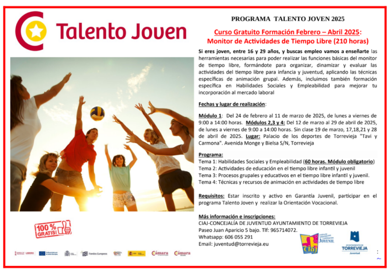 JUVENTUD ABRE INSCRIPCIONES PARA EL CURSO DE MONITOR DE ACTIVIDADES DE OCIO EDUCATIVO Y TIEMPO LIBRE INFANTIL Y JUVENIL