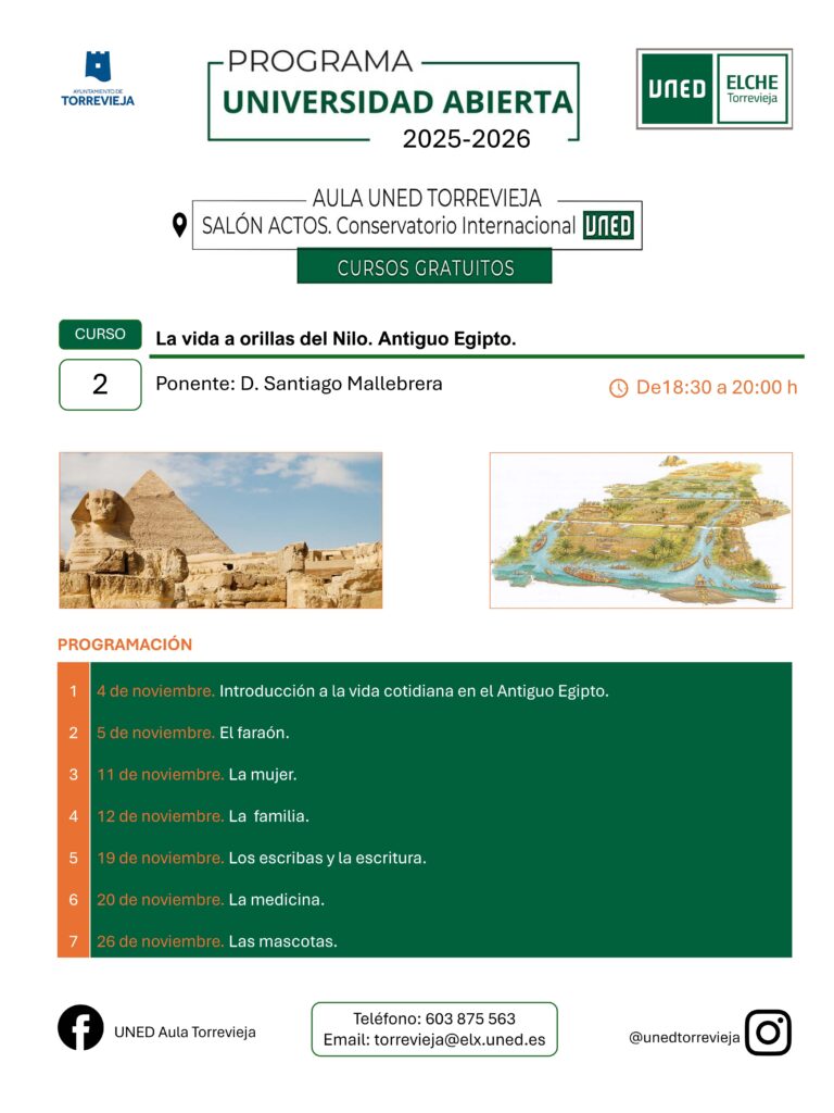 La UNED de Torrevieja revive el esplendor del Antiguo Egipto con el curso “La vida a orillas del Nilo” este mes de noviembre