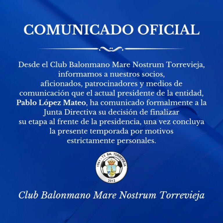 El Club Balonmano Mare Nostrum Torrevieja anuncia cambios en su presidencia tras una etapa clave