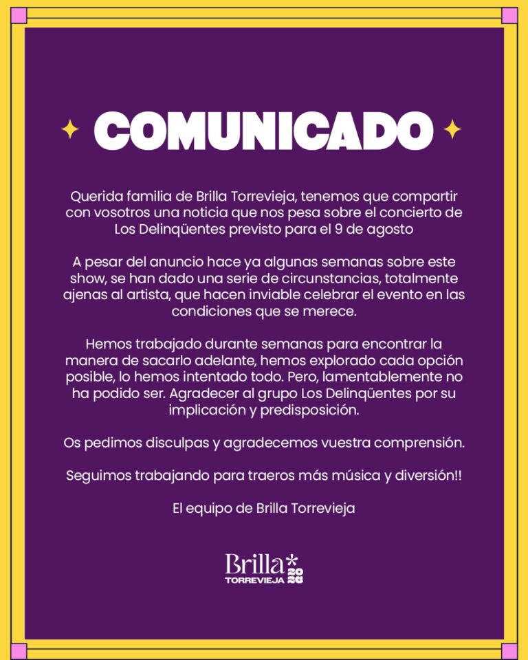 Cancelado el concierto de Los Delinqüentes en Torrevieja previsto para el 9 de agosto dentro de Brilla Torrevieja