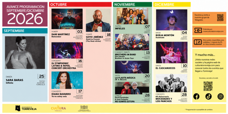 Cultura Torrevieja desvela un avance de su programación para el último cuatrimestre de 2026 con Sara Baras, Diana Navarro, Dani Martínez y Mocedades & Los Panchos