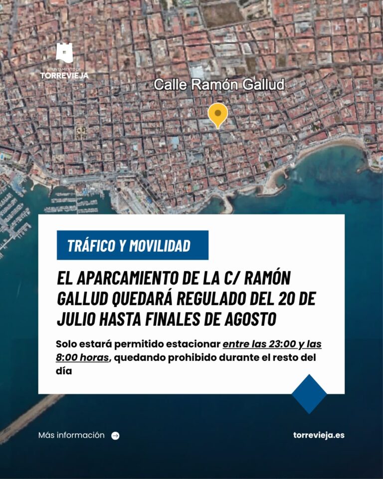 El aparcamiento en la calle Ramón Gallud de Torrevieja quedará regulado desde el 20 de julio hasta finales de agosto